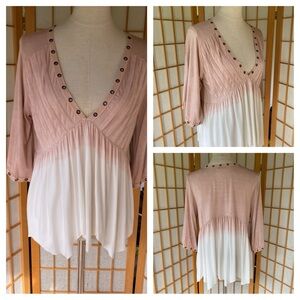 POL Pink & White Rivet Embellished V Neckline Babydoll Pleated Top SZ M